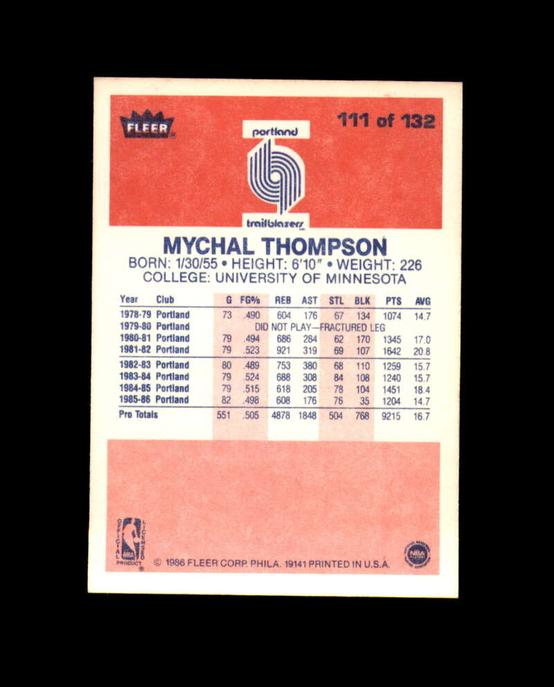 1986-87 Fleer #111 Mychal Thompson MINT Portland Trail Blazers Box Break 1