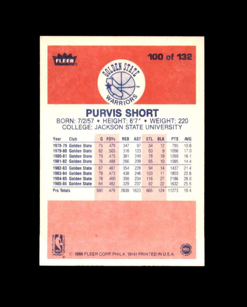 1986-87 Fleer #100 Purvis Short MINT Golden State Warriors Box Break 3