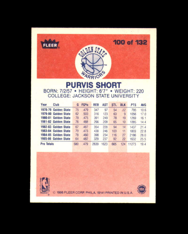 1986-87 Fleer #100 Purvis Short MINT Golden State Warriors Box Break 8