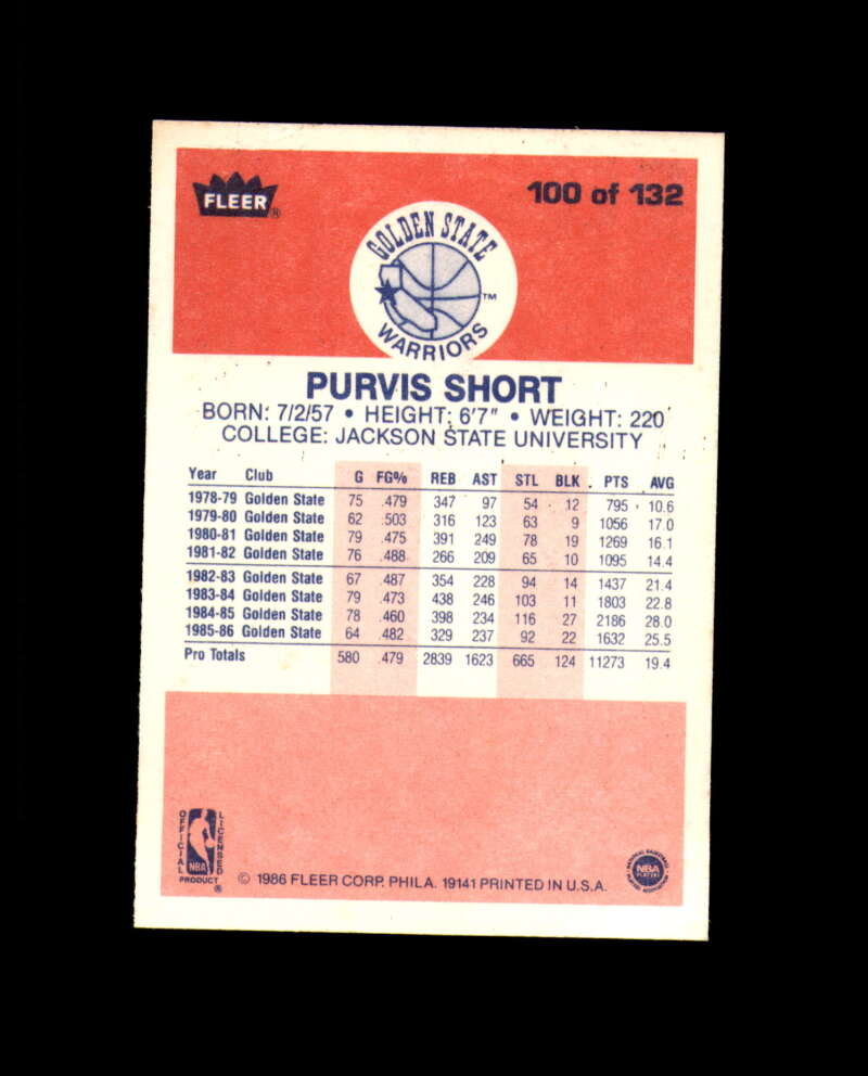 1986-87 Fleer #100 Purvis Short NM-MT+ Golden State Warriors Box Break 9
