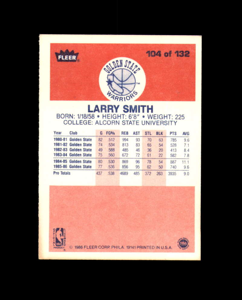 1986-87 Fleer #104 Larry Smith MINT Golden State Warriors Box Break