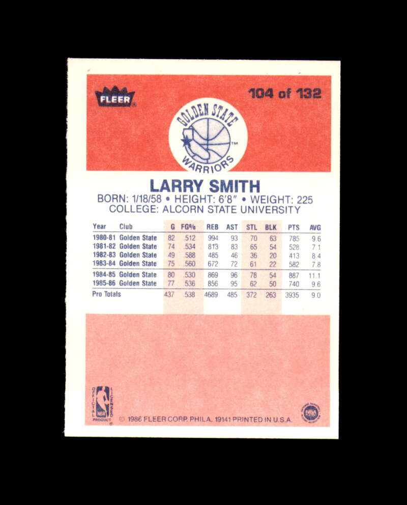 1986-87 Fleer #104 Larry Smith MINT Golden State Warriors Box Break 3