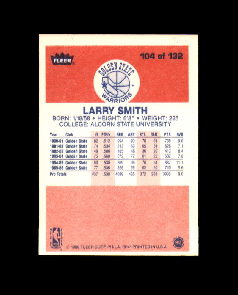1986-87 Fleer #104 Larry Smith MINT Golden State Warriors Box Break 4