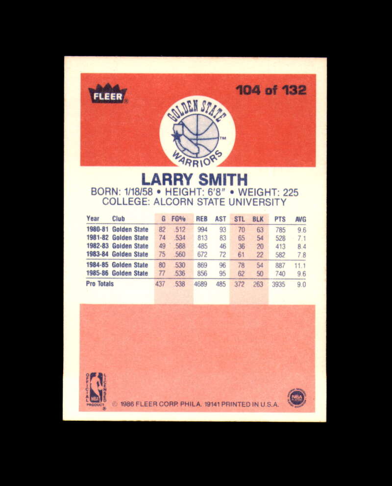1986-87 Fleer #104 Larry Smith MINT Golden State Warriors Box Break 6