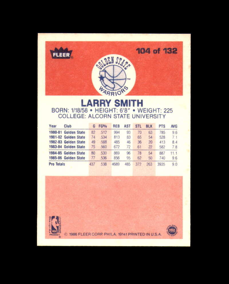 1986-87 Fleer #104 Larry Smith MINT Golden State Warriors Box Break 7