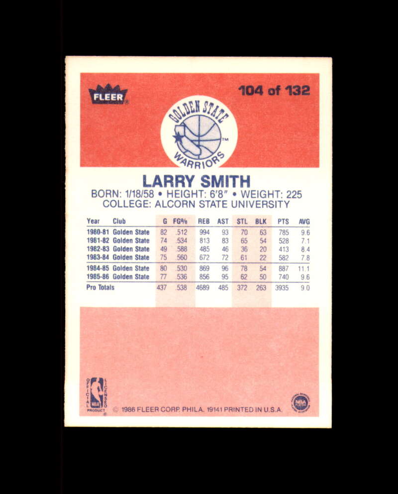 1986-87 Fleer #104 Larry Smith MINT Golden State Warriors box break