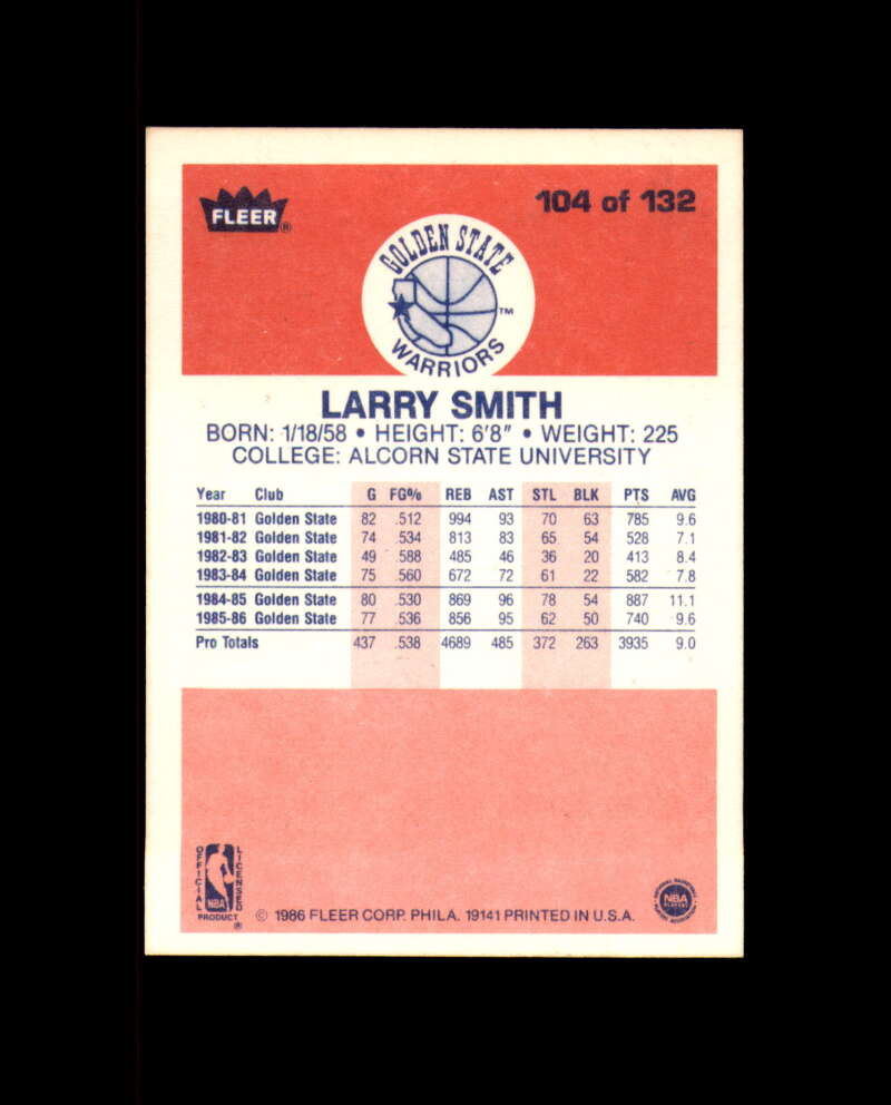 1986-87 Fleer #104 Larry Smith MINT Golden State Warriors box break 1
