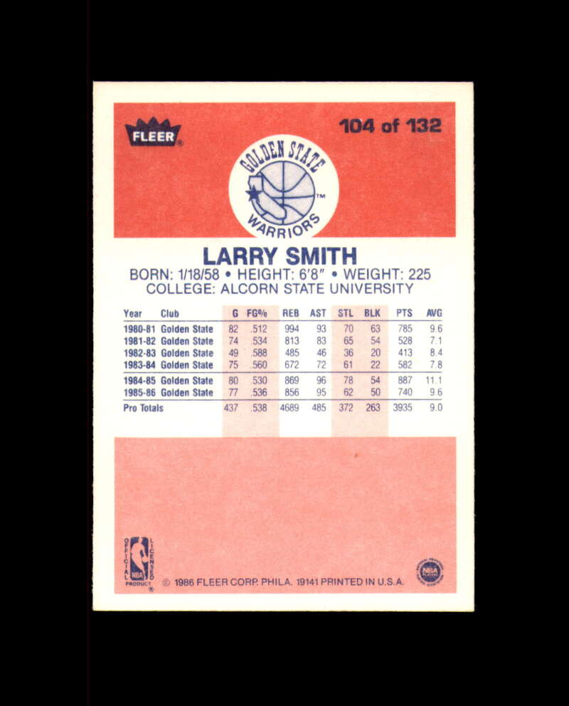 1986-87 Fleer #104 Larry Smith MINT Golden State Warriors box break 2