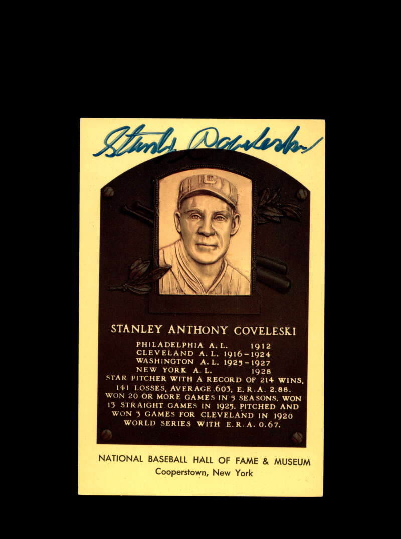 Stan Coveleski Signed Gold Hall Of Fame Postcard Autograph