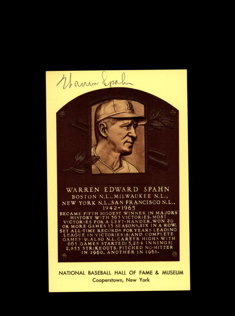 Warren Spahn Hand Signed Gold Hall Of Fame Postcard Autograph