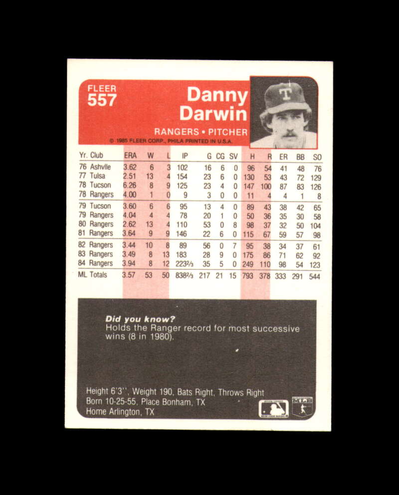 Danny Darwin Hand Signed 1985 Fleer Texas Rangers Autograph