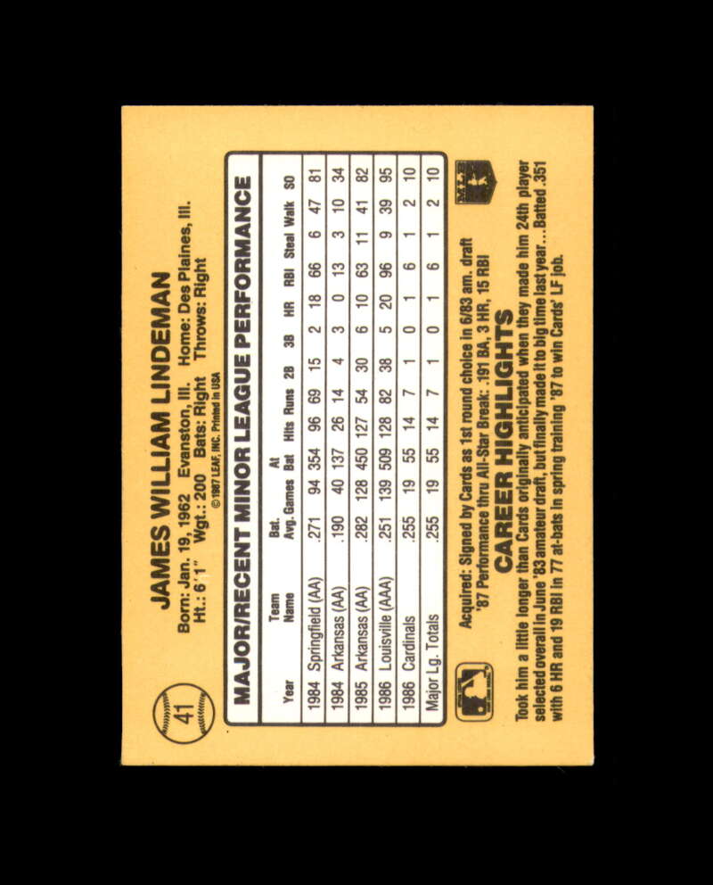 Jim Lindeman Hand Signed 1987 Donruss Rookies St. Louis Cardinals Autograph