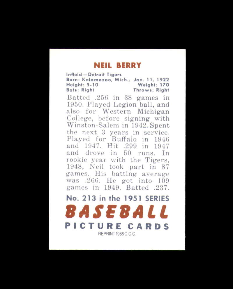 Neil Berry Hand Signed 1951 Bowman Reprint Detroit Tigers Autograph