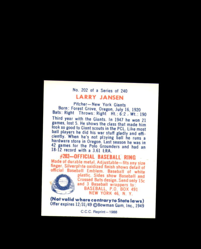 Larry Jansen Hand Signed 1949 Bowman Reprint New York Giants Autograph