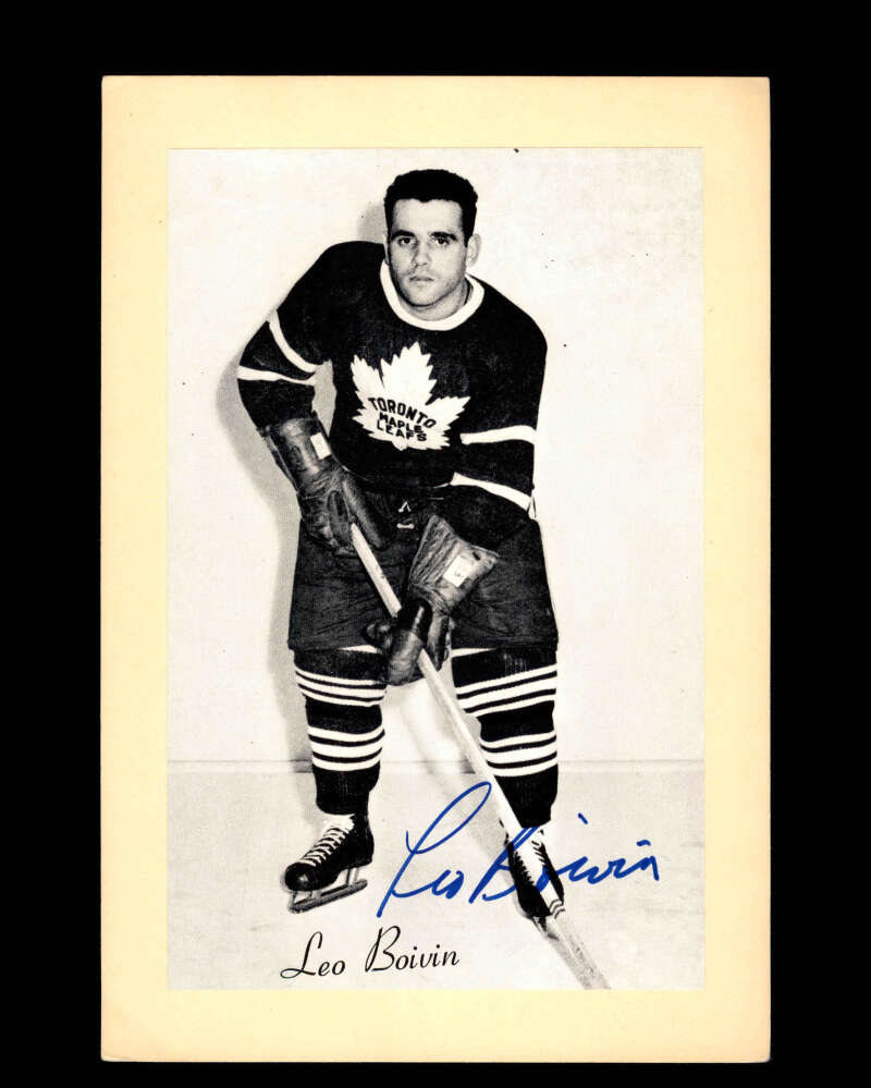 Leo Boivin Signed 1944-63 Beehive Photo 5x7 Premium Toronto Maple Leafs Autograph