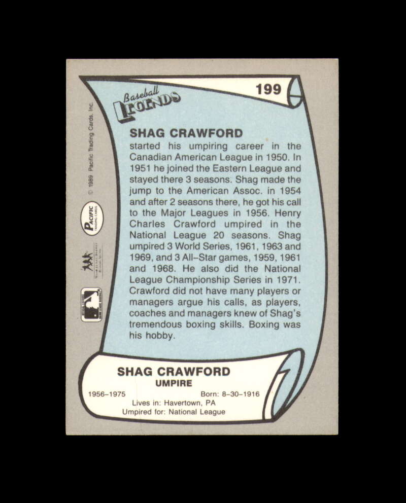 Shag Crawford Hand Signed 1989 Pacific Legends Umpire Autographed