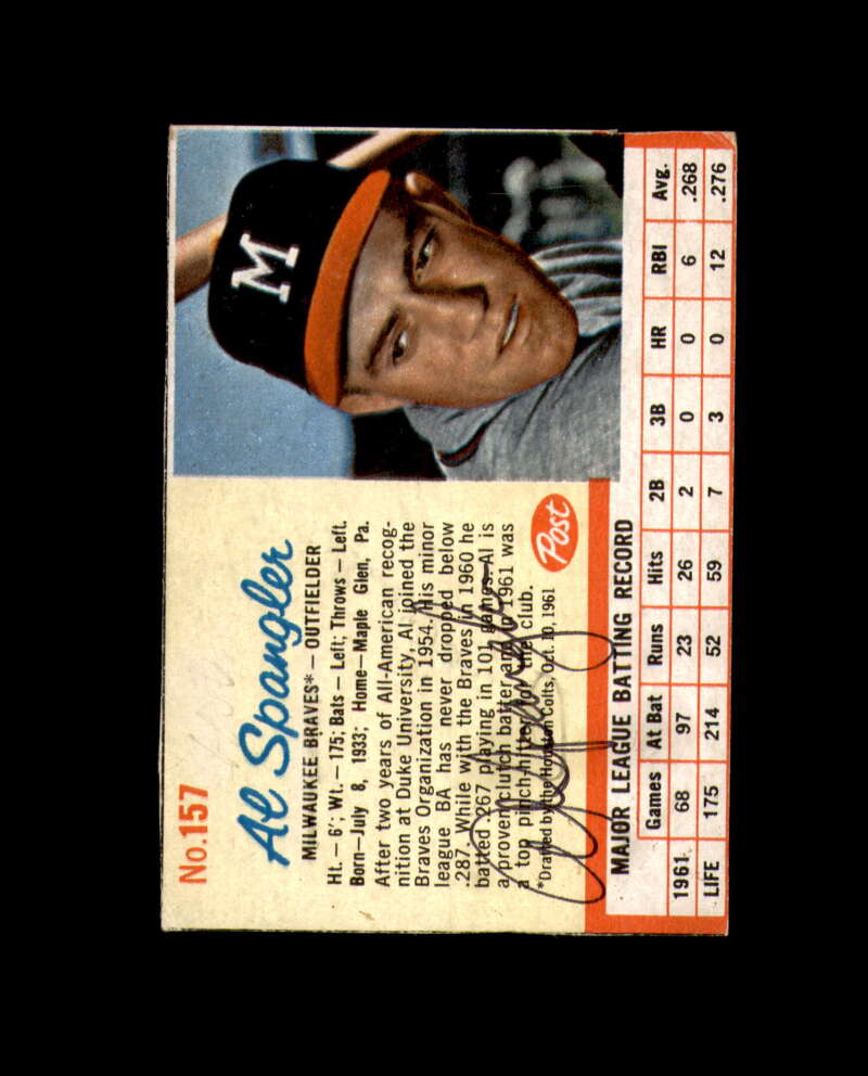Al Spangler Hand Signed 1962 Post Cereal Milwaukee Braves Autograph