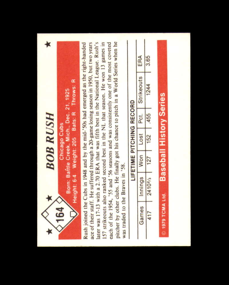 Bob Rush Signed 1979 TCMA History Series Chicago Cubs Autograph