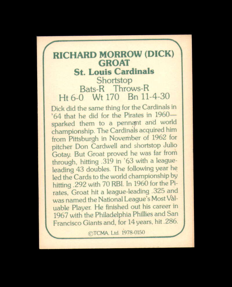 Dick Groat Signed 1978 TCMA The 60s  St. Louis Cardinals Autograph