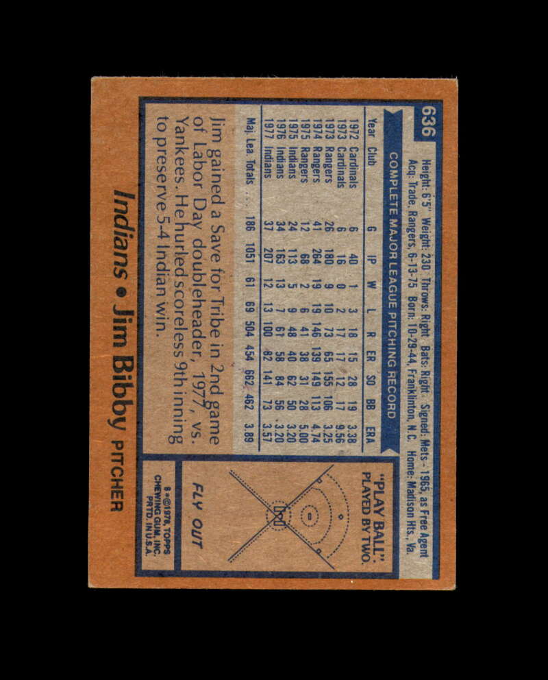 Jim Bibby Hand Signed 1978 Topps Cleveland Indians Autograph