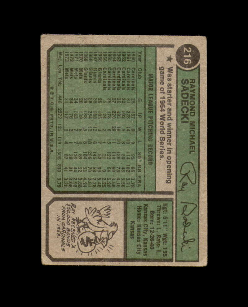 Ray Sadecki Hand Signed 1974 Topps New York Mets Autograph