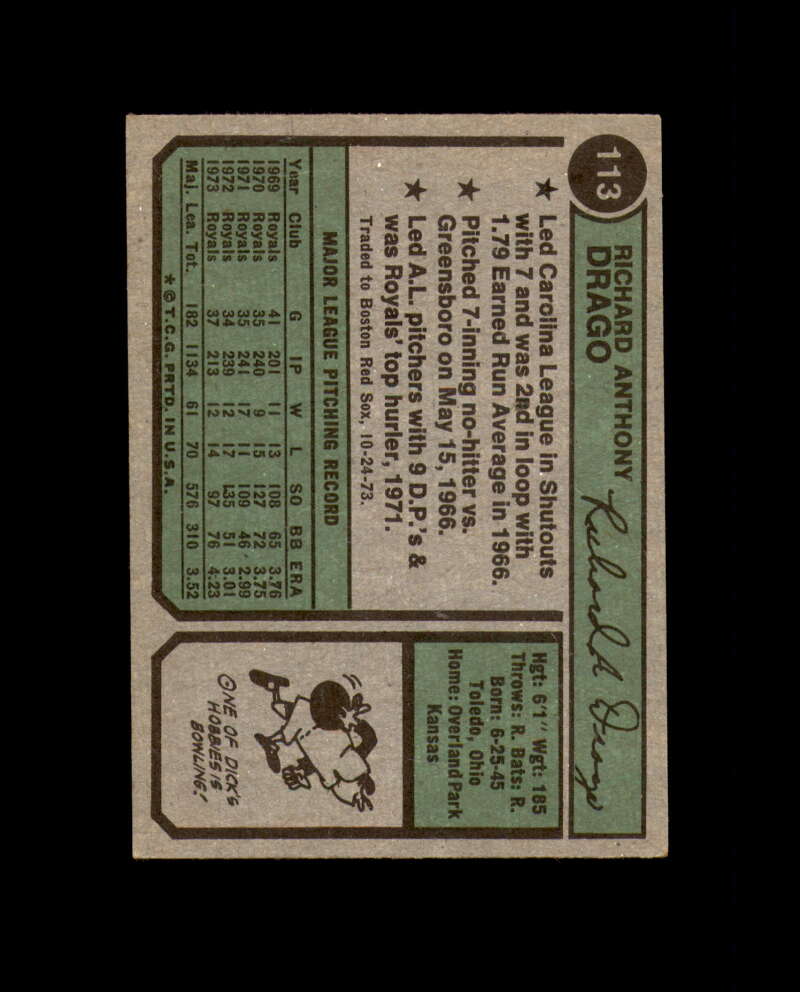Dick Drago Hand Signed 1974 Topps Boston Red Sox Autograph