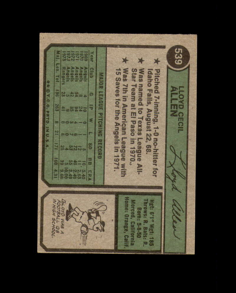 Lloyd Allen Hand Signed 1974 Topps Texas Rangers Autograph