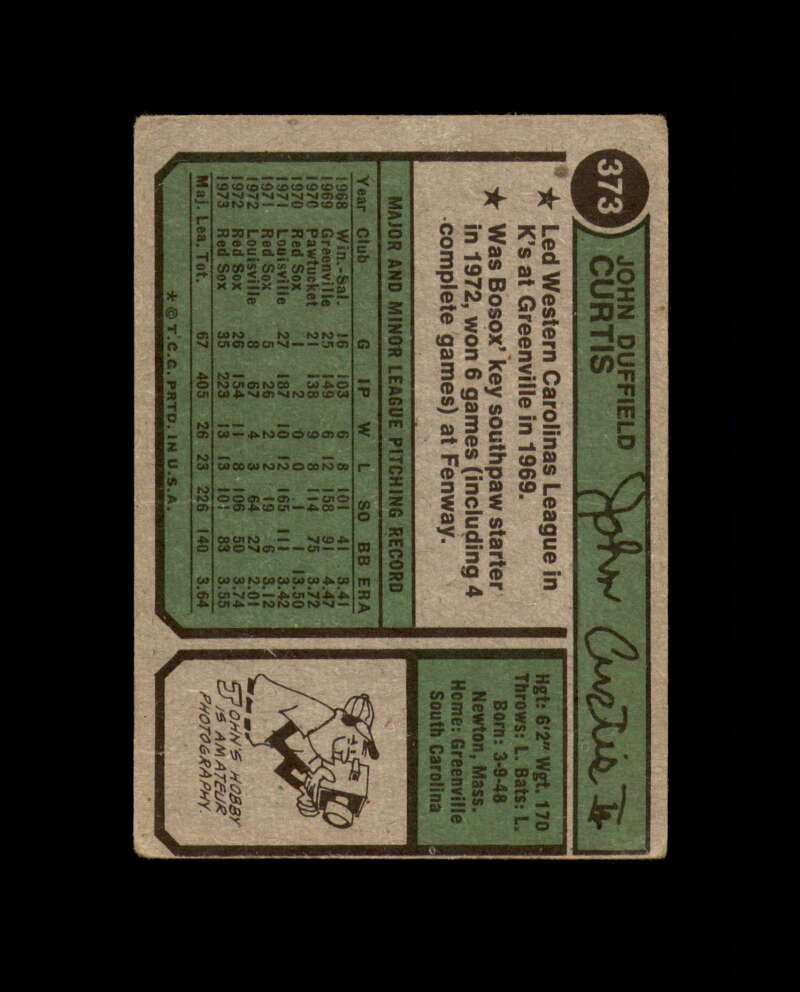 John Curtis Hand Signed 1974 Topps Boston Red Sox Autograph