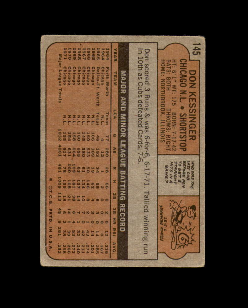 Don Kessinger Hand Signed 1972 Topps Chicago Cubs Autograph