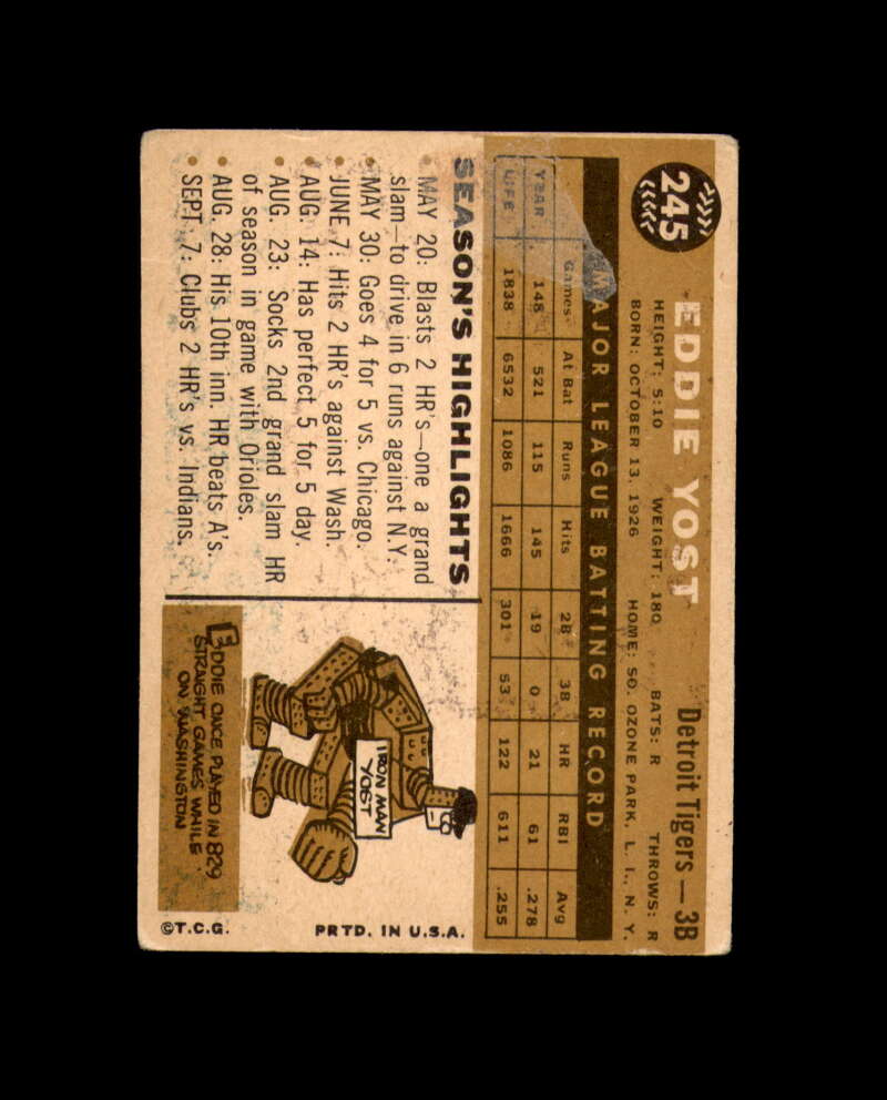 Eddie Yost Hand Signed 1960 Topps Detroit Tigers Autograph