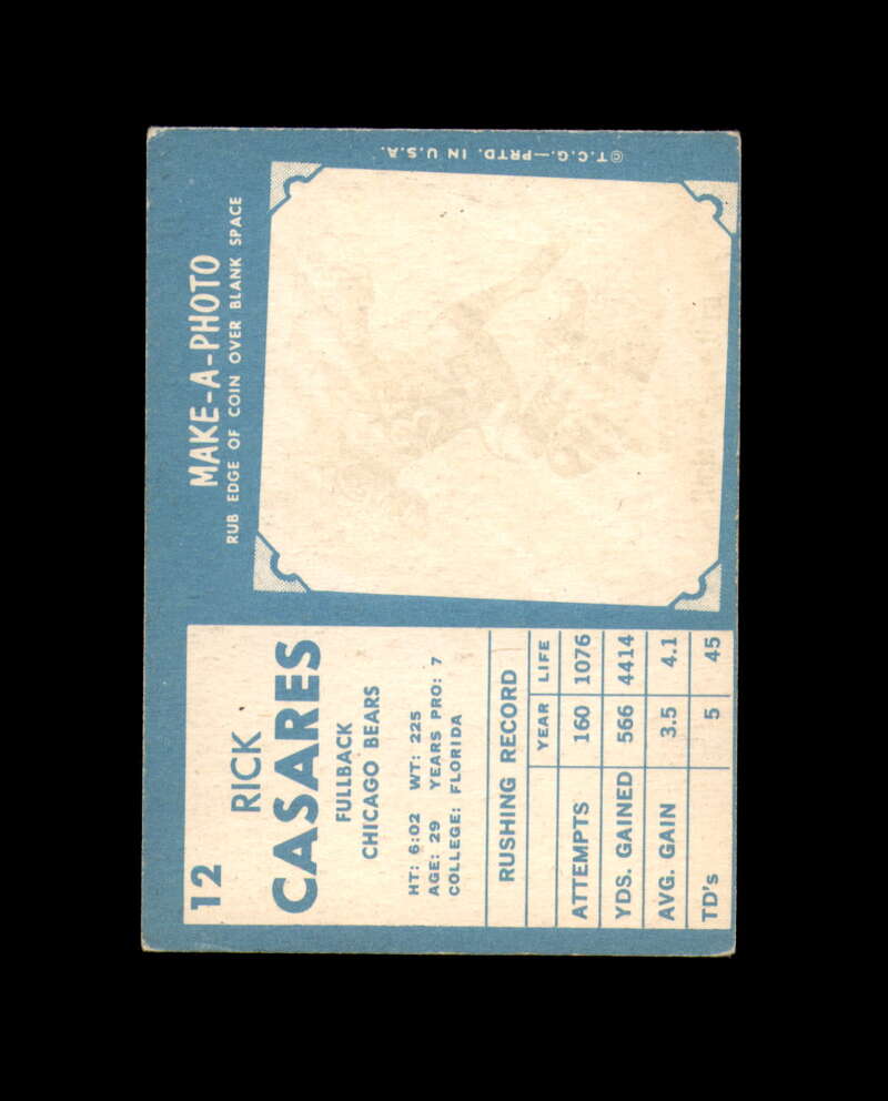 Rick Casares Hand Signed 1961 Topps Chicago Bears Autograph
