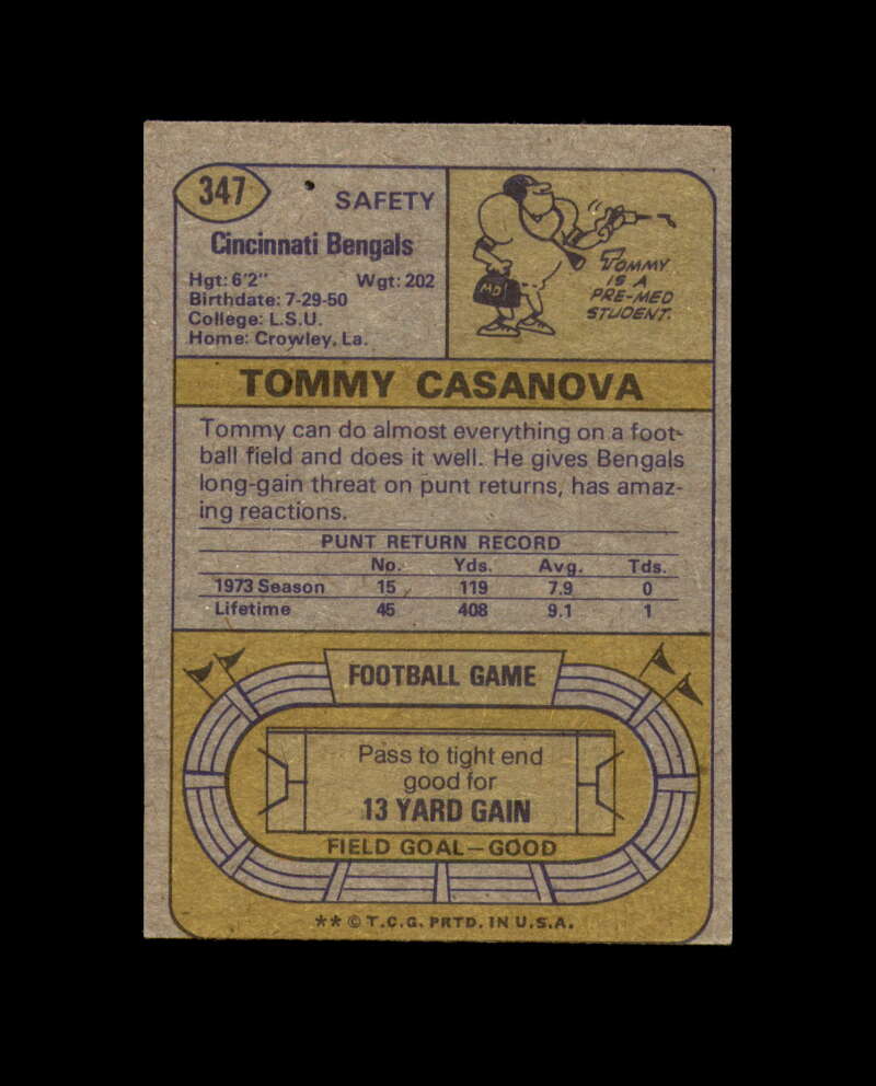 Tommy Casanova Hand Signed 1974 Topps Cincinnati Bengals Autograph