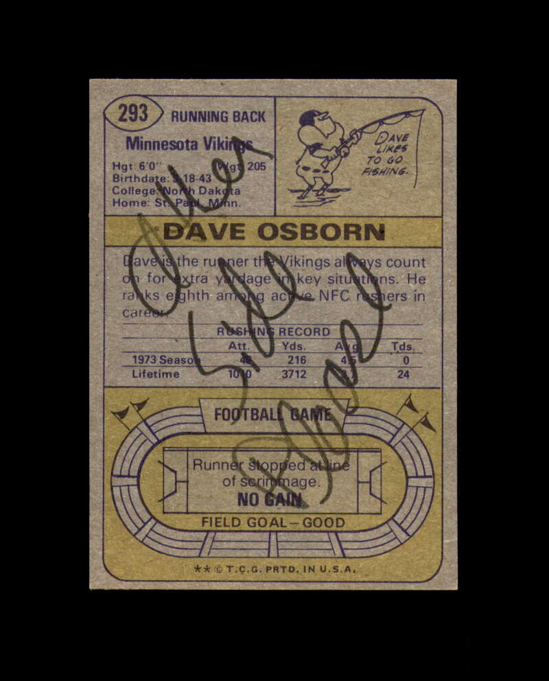 Dave Osborn Hand Signed 1974 Topps Minnesota Vikings Autographed