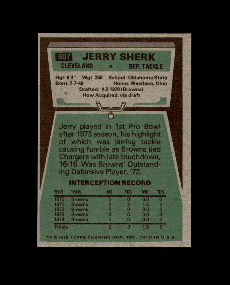 Jerry Sherk Hand Signed 1975 Topps Cleveland Browns Autograph