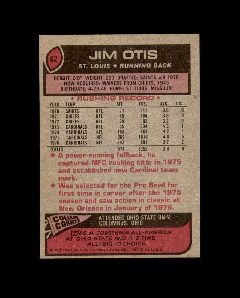 Jim Otis Hand Signed 1977 Topps St. Louis Cardinals Autograph