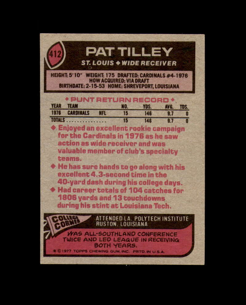 Pat Tilley Hand Signed 1977 Topps St. Louis Cardinals Autograph