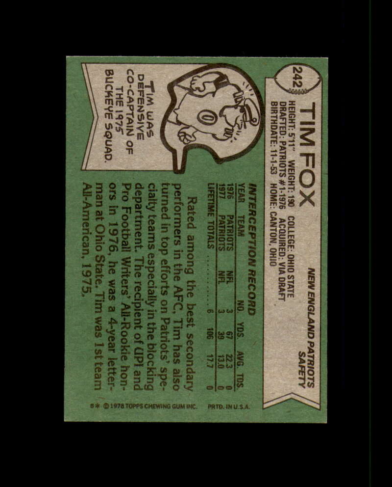 Tim Fox Hand Signed 1978 Topps New England Patriots Autograph