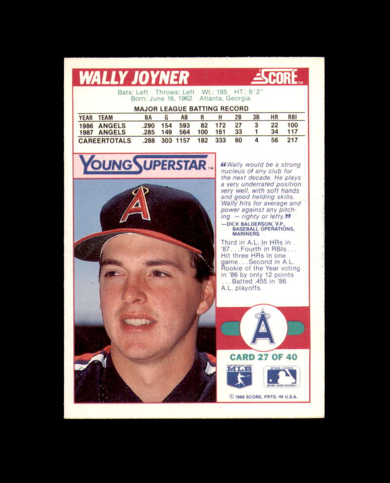 Wally Joyner Signed 1988 Score Young Superstars California Angels Autograph