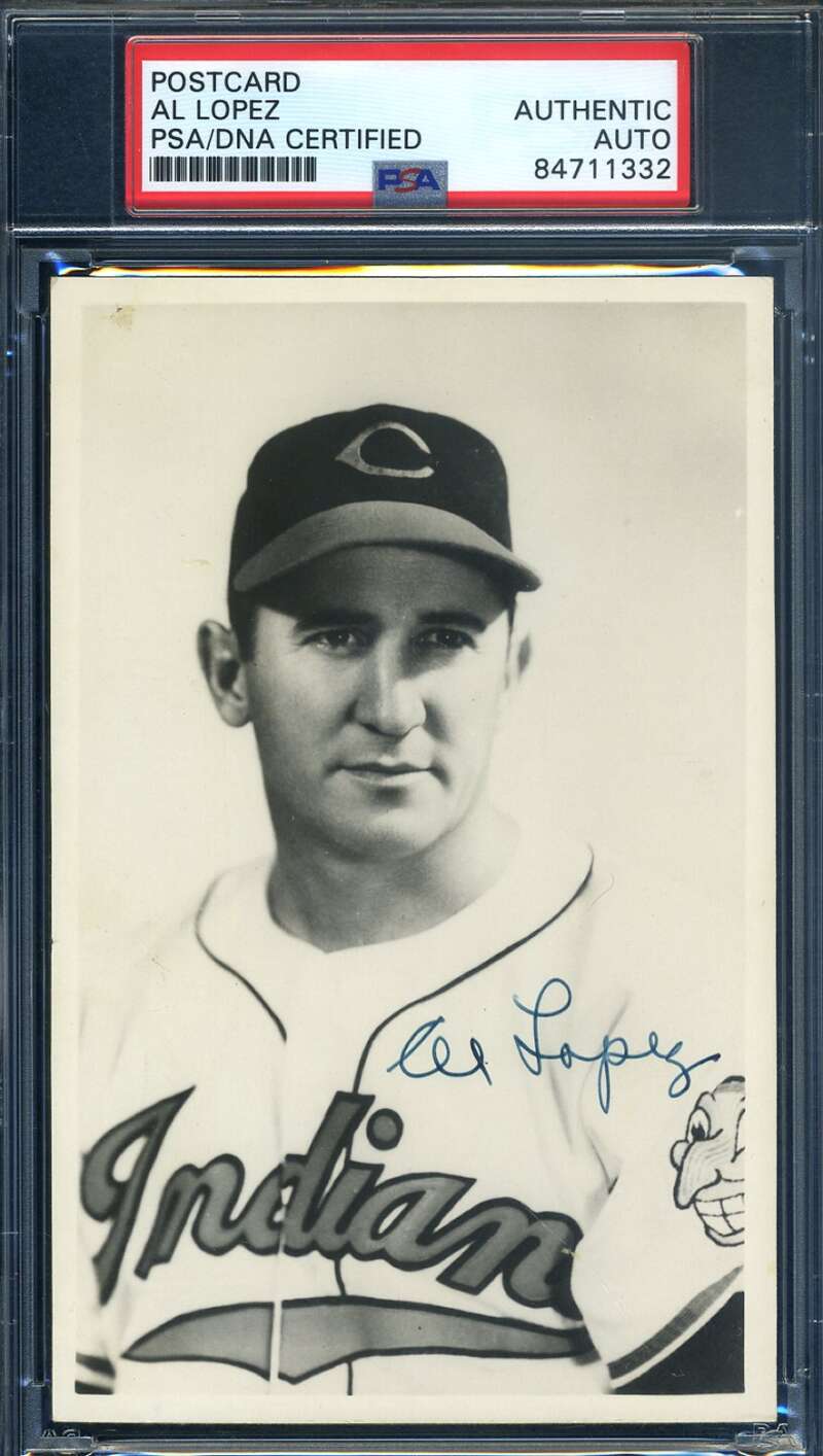 Al Lopez PSA DNA Coa Signed 1951 Indians Photo Postcard Cleveland Autograph
