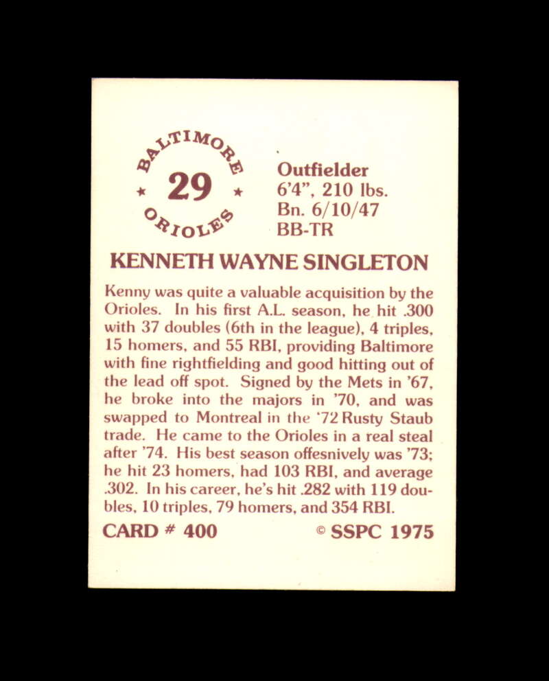 Kenny Singleton Signed 1975 SSPC Baltimore Orioles Autograph
