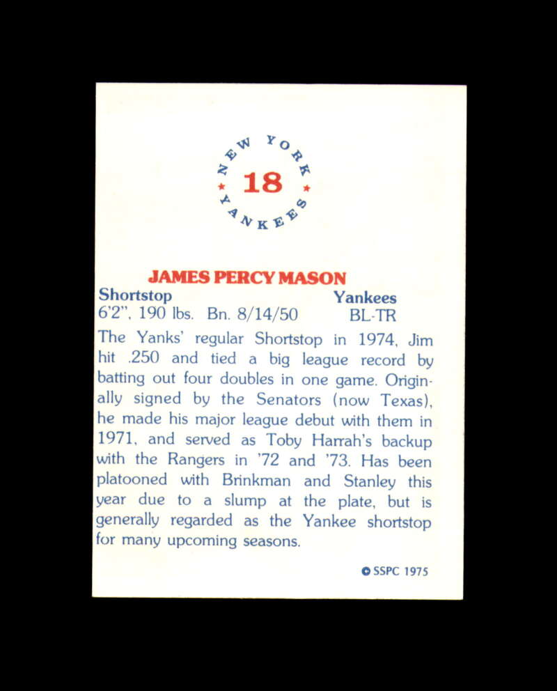 James Mason Signed 1975 SSPC New York Yankees Autograph