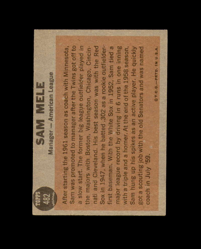 Sam Mele Hand Signed 1962 Topps Minnesota Twins Autograph