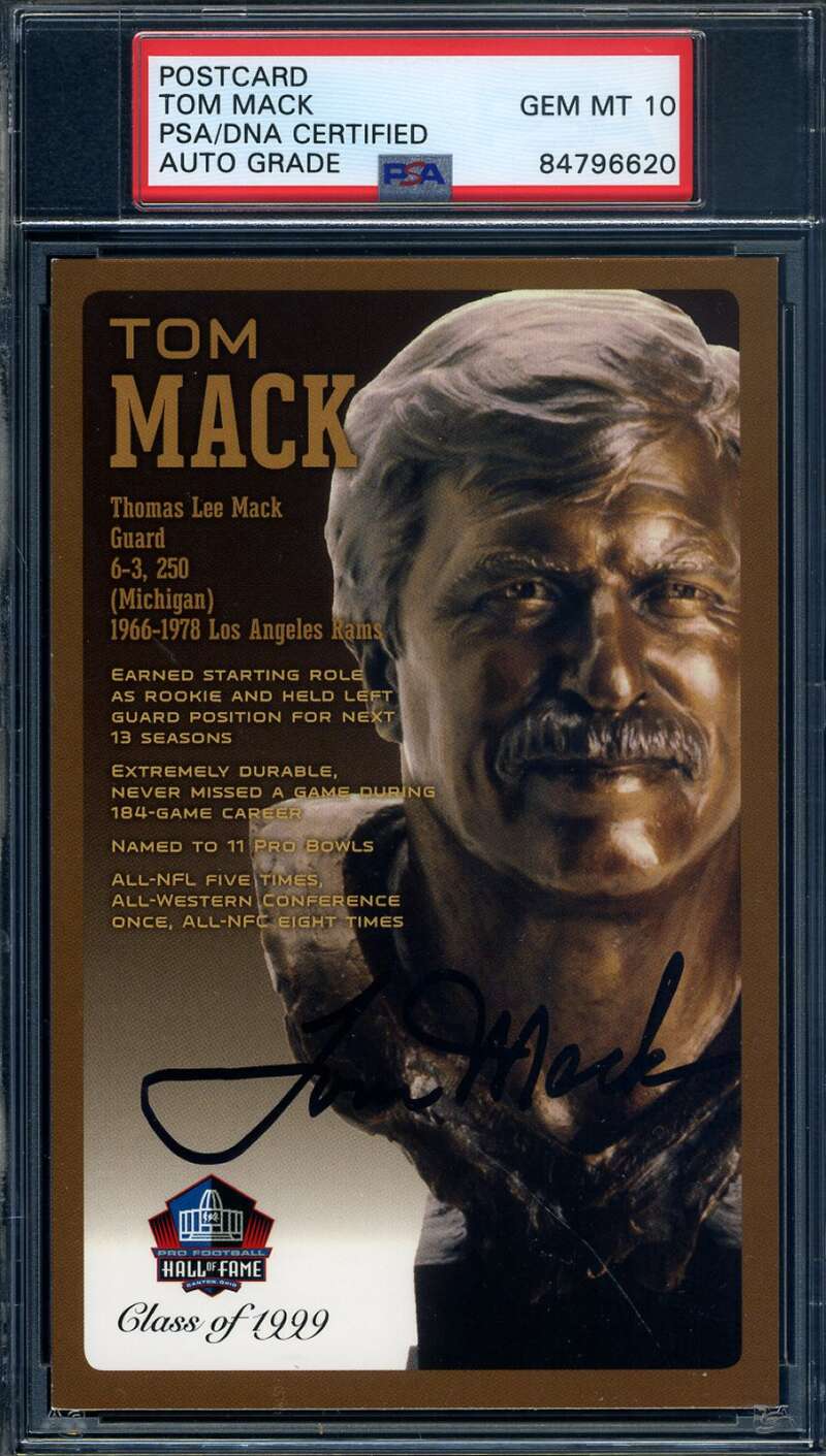 Tom Mack Gem Mint 10 PSA DNA Signed HOF Bronze Bust Postcard Autographed