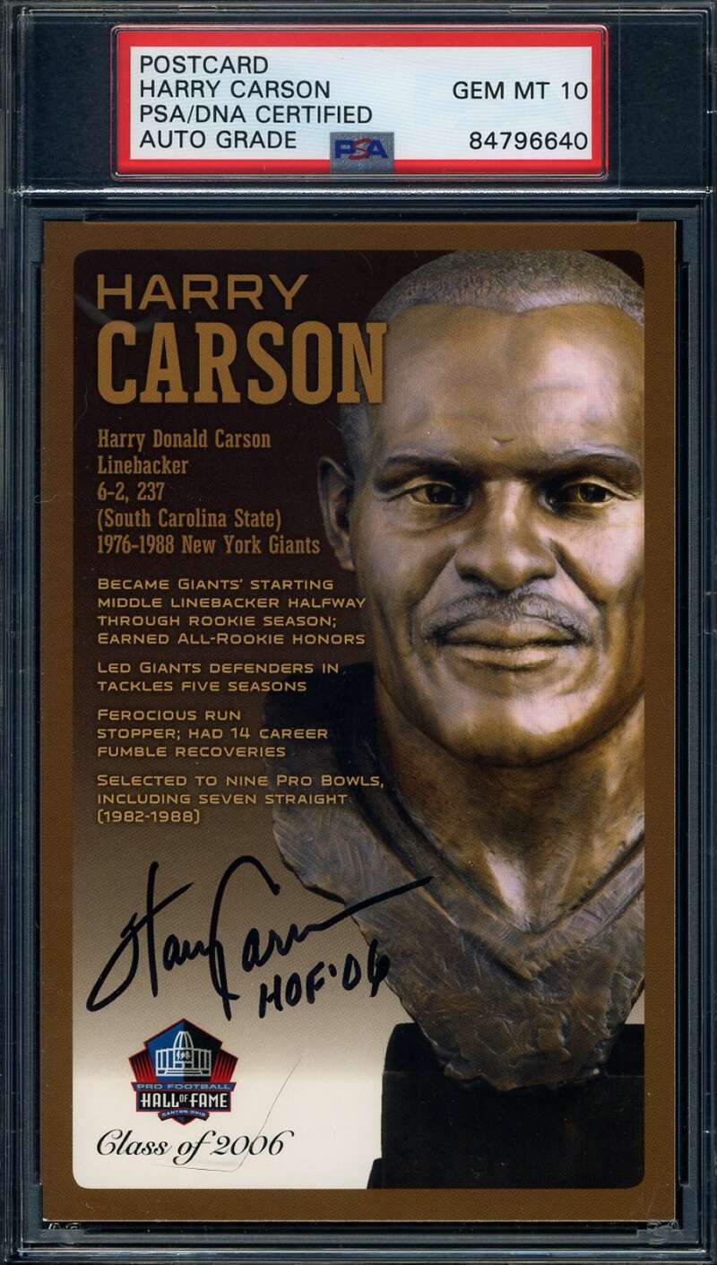 Harry Carson Gem Mint 10 PSA DNA Signed HOF Bronze Bust Postcard Autograph