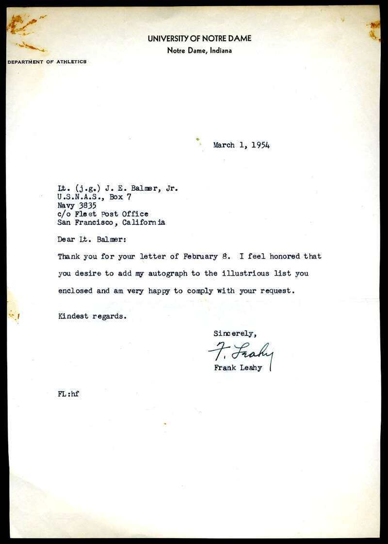 Frank Leahy PSA DNA Signed Coa Rare Letter Autograph