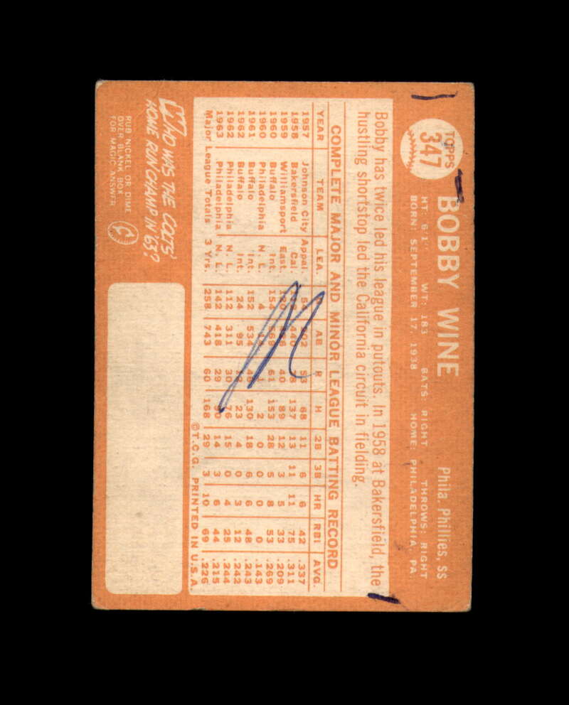 Bobby Wine Hand Signed 1964 Topps Philadelphia Phillies Autograph
