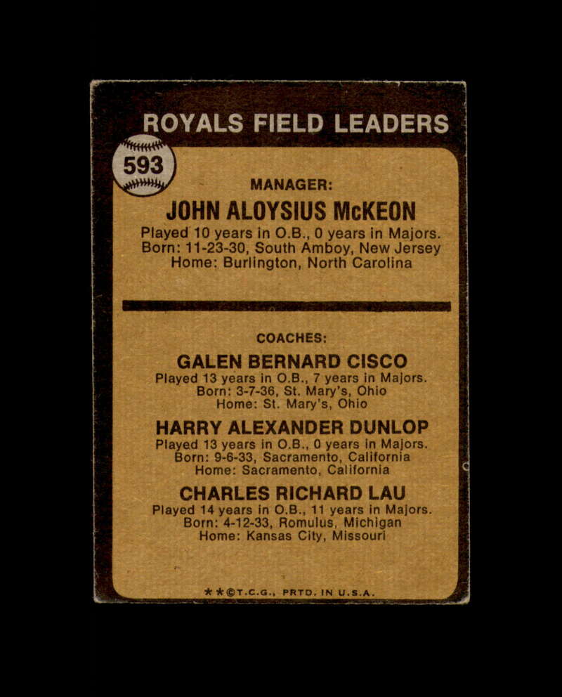Jack McKeon Galen Cisco Hand Signed 1973 Topps Kansas City Royals Autograph