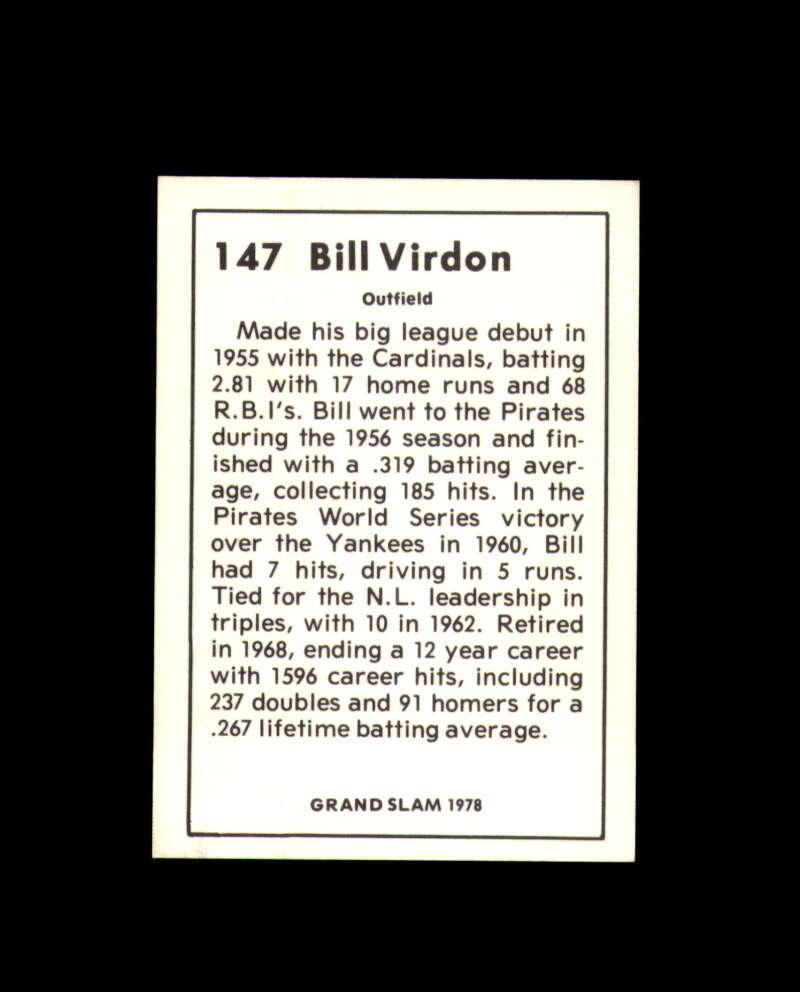 Bill Virdon Signed 1978 Grand Slam Pittsburgh Pirates Autograph