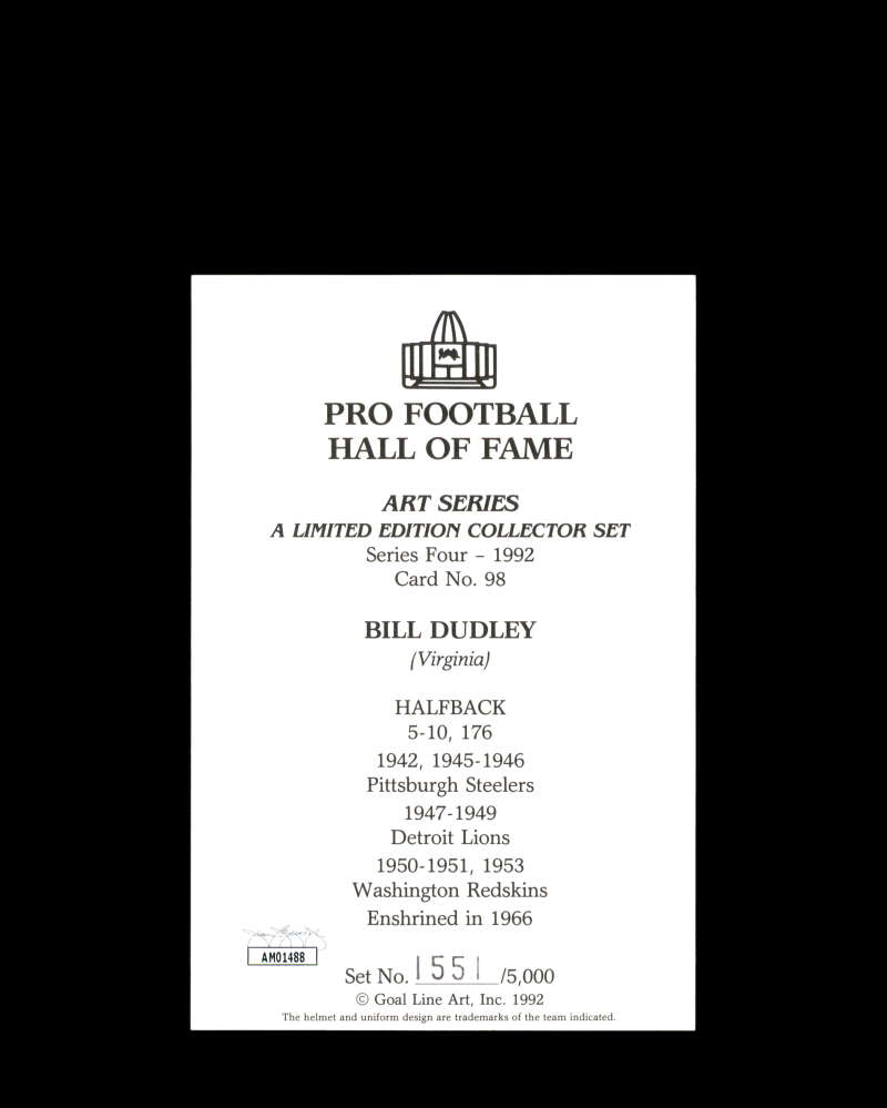 Bill Dudley JSA Coa Signed HOF Goal Line Art Card GLAC Autograph