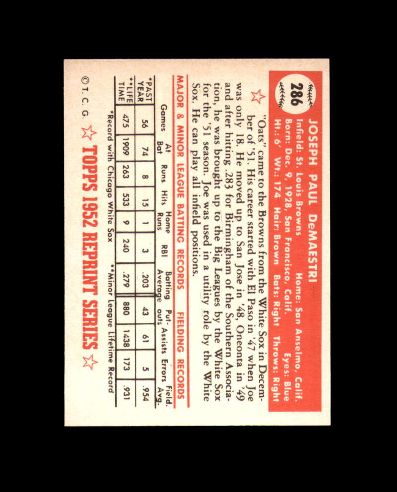 Joe De Maestri Signed 1952 Topps 1983 Reprint St. Louis Browns Autograph